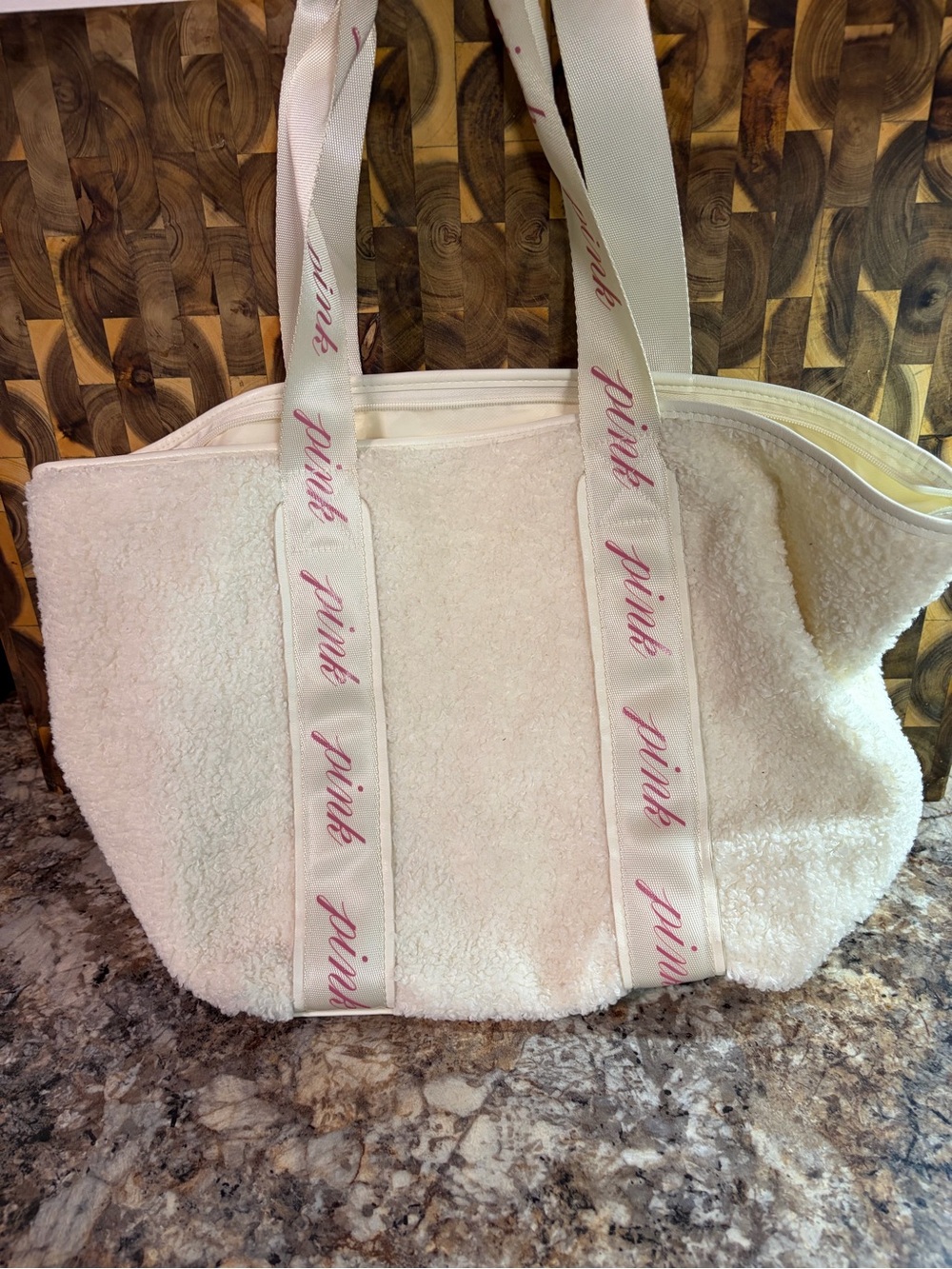 PINK Victoria's Secret Cream Sherpa Tote with Pink Logo Straps